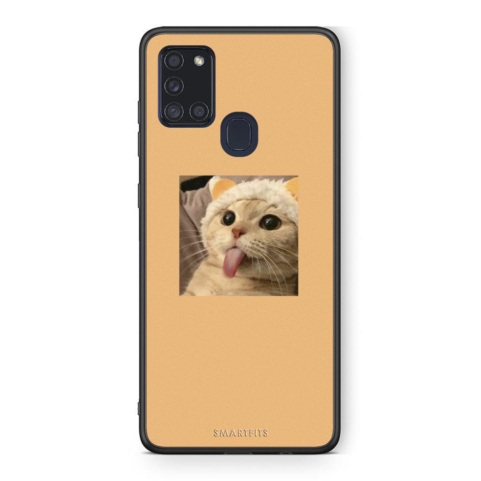 Samsung A21s Cat Tongue θήκη από τη Smartfits με σχέδιο στο πίσω μέρος και μαύρο περίβλημα | Smartphone case with colorful back and black bezels by Smartfits