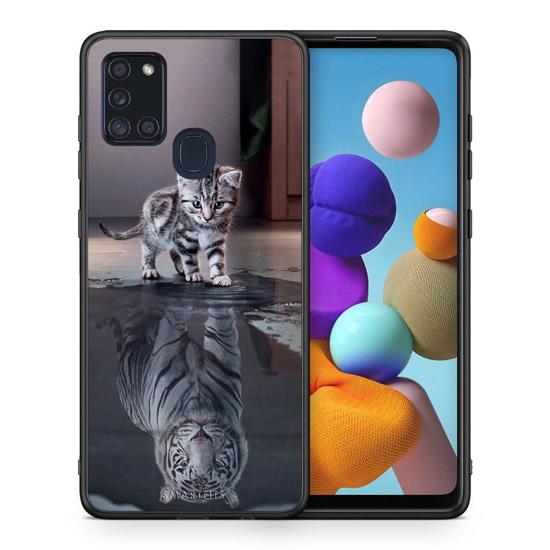 Θήκη Samsung A21s Tiger Cute από τη Smartfits με σχέδιο στο πίσω μέρος και μαύρο περίβλημα | Samsung A21s Tiger Cute case with colorful back and black bezels