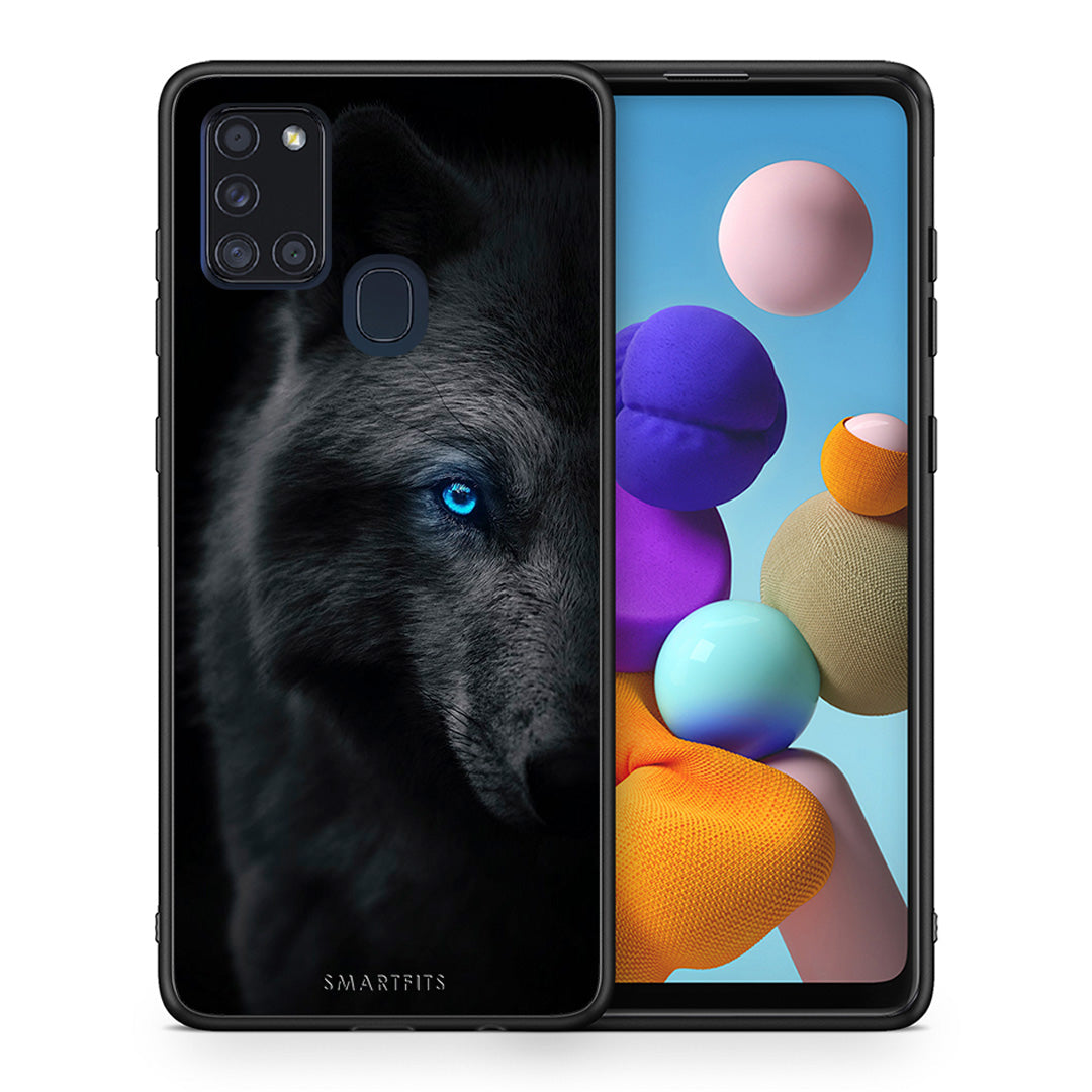 Θήκη Samsung A21s Dark Wolf από τη Smartfits με σχέδιο στο πίσω μέρος και μαύρο περίβλημα | Samsung A21s Dark Wolf case with colorful back and black bezels