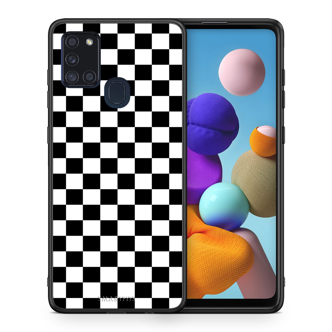 Θήκη Samsung A21s Squares Geometric από τη Smartfits με σχέδιο στο πίσω μέρος και μαύρο περίβλημα | Samsung A21s Squares Geometric case with colorful back and black bezels
