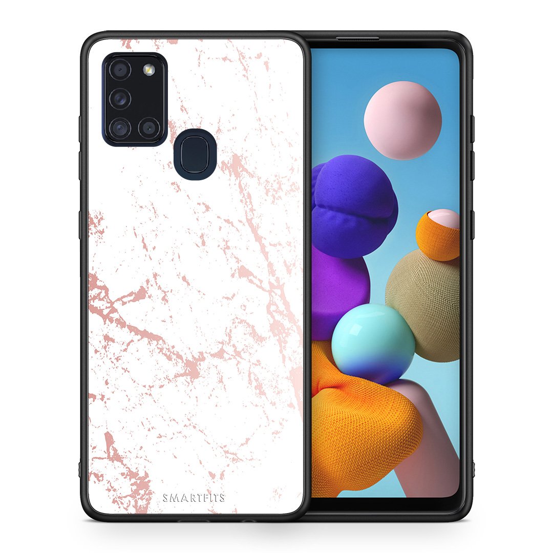 Θήκη Samsung A21s Pink Splash Marble από τη Smartfits με σχέδιο στο πίσω μέρος και μαύρο περίβλημα | Samsung A21s Pink Splash Marble case with colorful back and black bezels