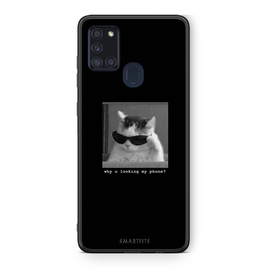 Samsung A21s Meme Cat θήκη από τη Smartfits με σχέδιο στο πίσω μέρος και μαύρο περίβλημα | Smartphone case with colorful back and black bezels by Smartfits