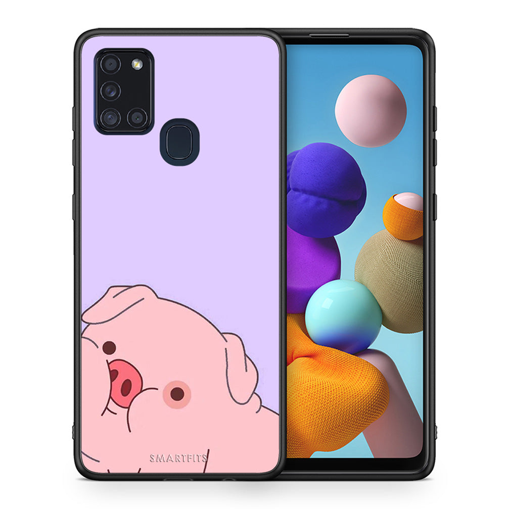 Θήκη Αγίου Βαλεντίνου Samsung A21s Pig Love 2 από τη Smartfits με σχέδιο στο πίσω μέρος και μαύρο περίβλημα | Samsung A21s Pig Love 2 case with colorful back and black bezels