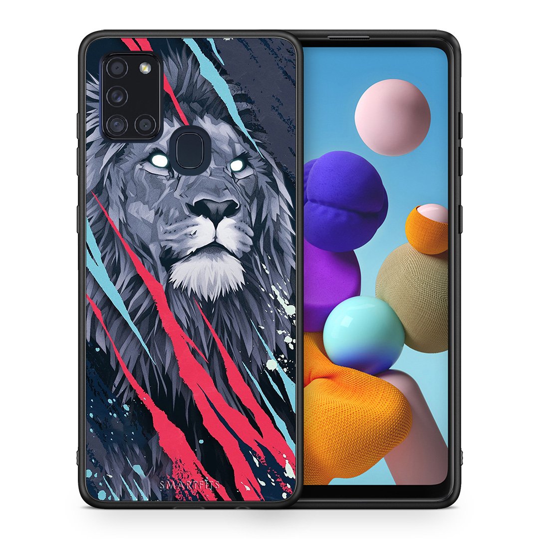 Θήκη Samsung A21s Lion Designer PopArt από τη Smartfits με σχέδιο στο πίσω μέρος και μαύρο περίβλημα | Samsung A21s Lion Designer PopArt case with colorful back and black bezels