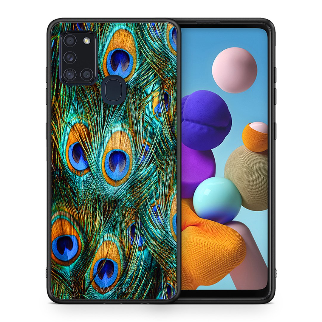 Θήκη Samsung A21s Real Peacock Feathers από τη Smartfits με σχέδιο στο πίσω μέρος και μαύρο περίβλημα | Samsung A21s Real Peacock Feathers case with colorful back and black bezels