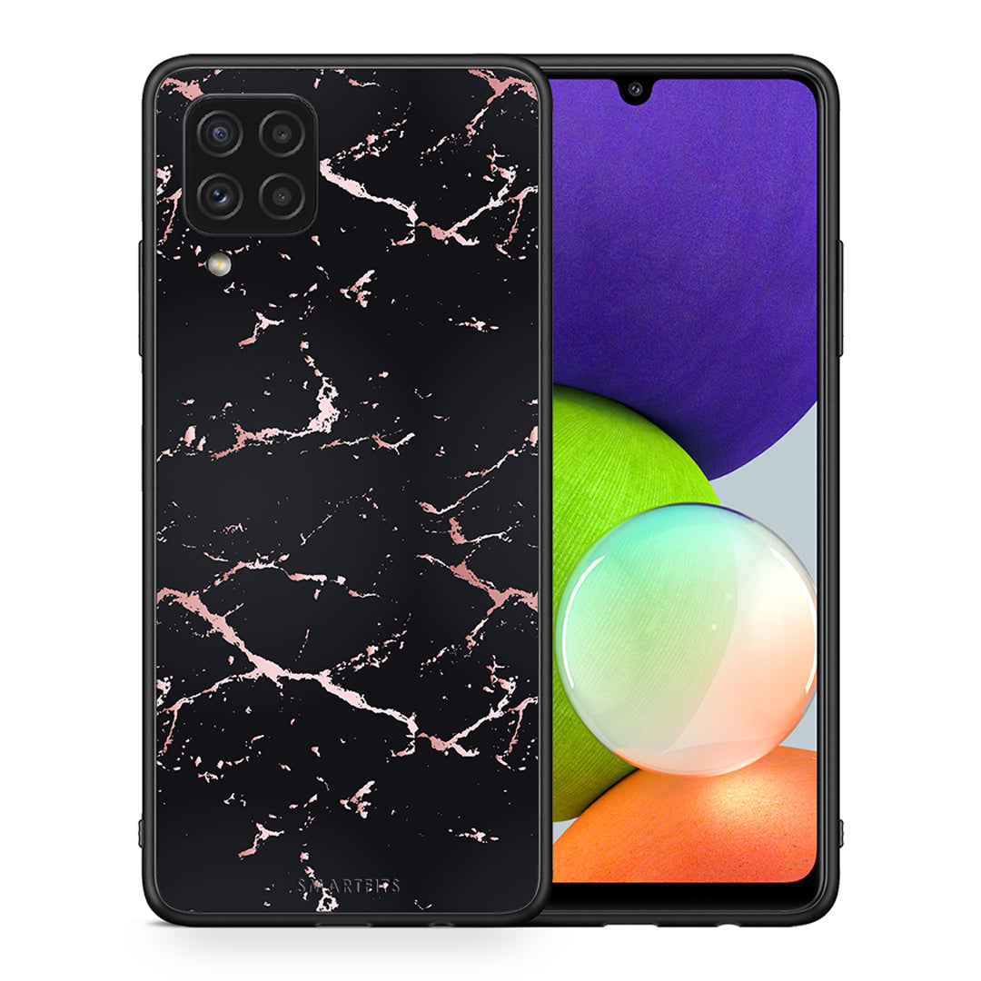 Θήκη Samsung A22 4G Black Rosegold Marble από τη Smartfits με σχέδιο στο πίσω μέρος και μαύρο περίβλημα | Samsung A22 4G Black Rosegold Marble case with colorful back and black bezels