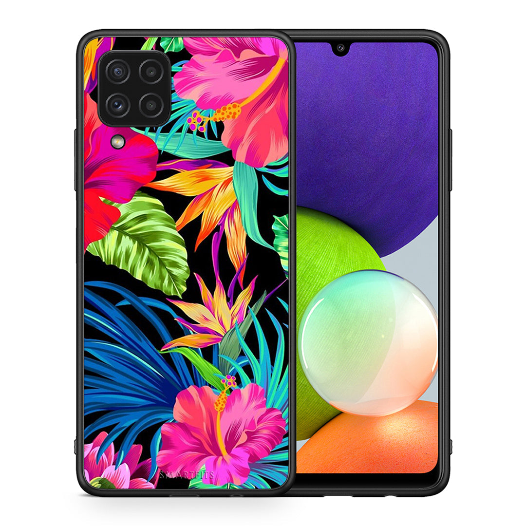 Θήκη Samsung A22 4G Tropical Flowers από τη Smartfits με σχέδιο στο πίσω μέρος και μαύρο περίβλημα | Samsung A22 4G Tropical Flowers case with colorful back and black bezels
