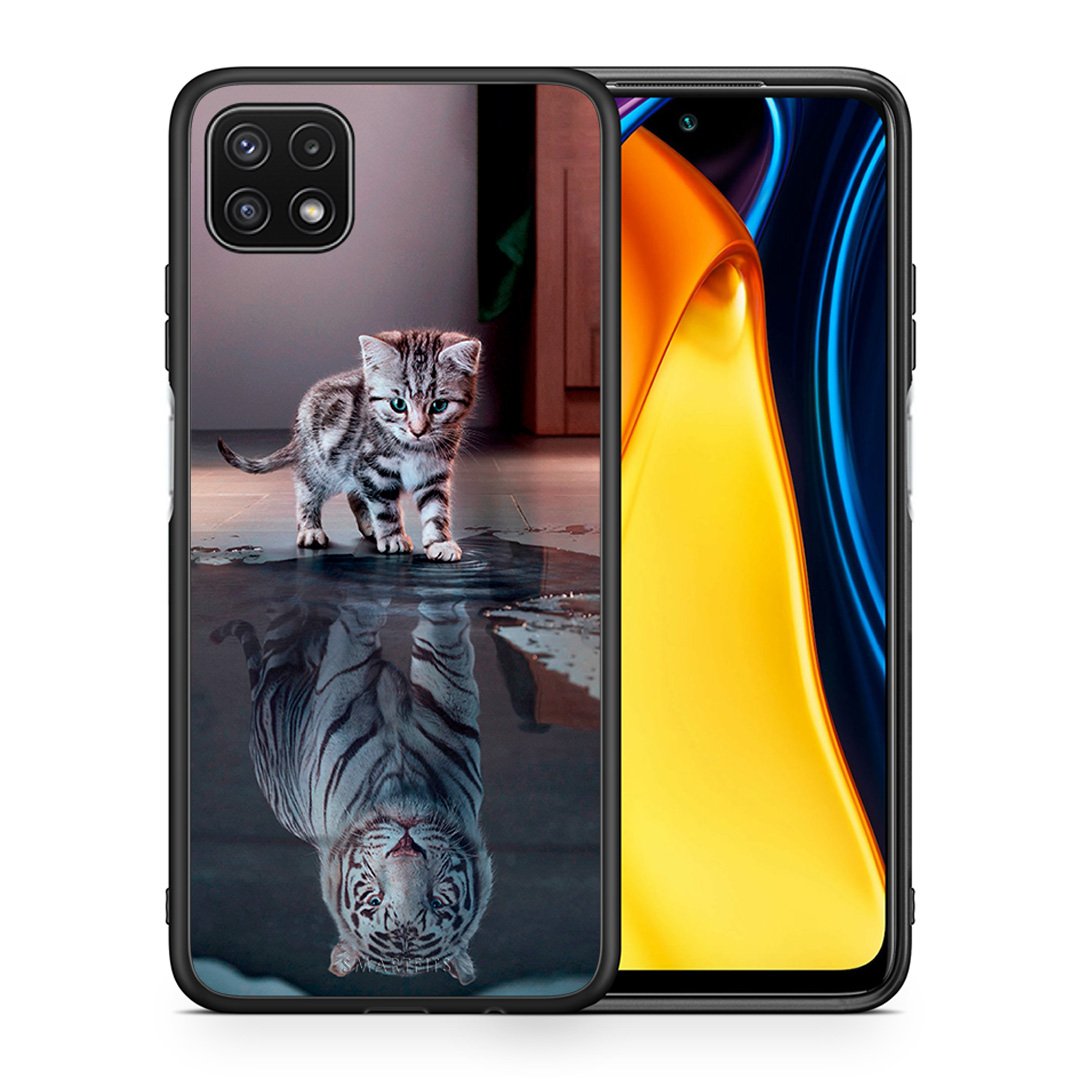 Θήκη Samsung A22 5G Tiger Cute από τη Smartfits με σχέδιο στο πίσω μέρος και μαύρο περίβλημα | Samsung A22 5G Tiger Cute case with colorful back and black bezels