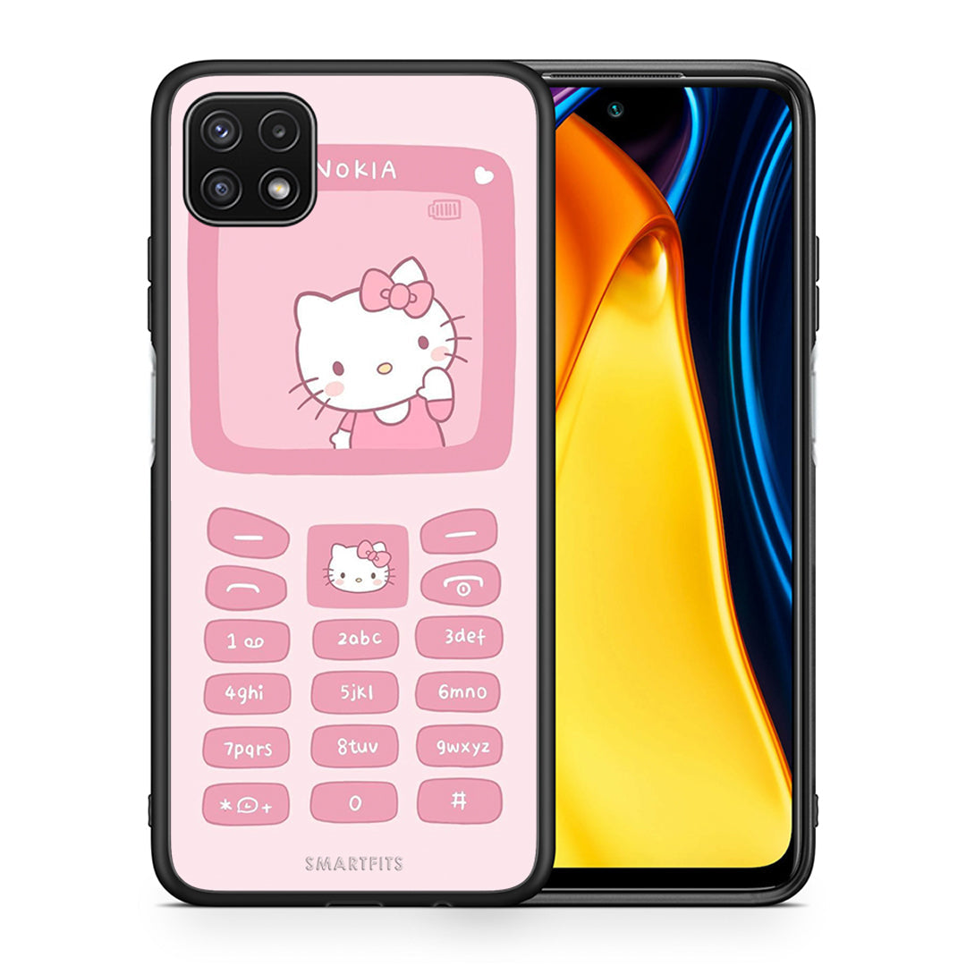 Θήκη Αγίου Βαλεντίνου Samsung A22 5G Hello Kitten από τη Smartfits με σχέδιο στο πίσω μέρος και μαύρο περίβλημα | Samsung A22 5G Hello Kitten case with colorful back and black bezels