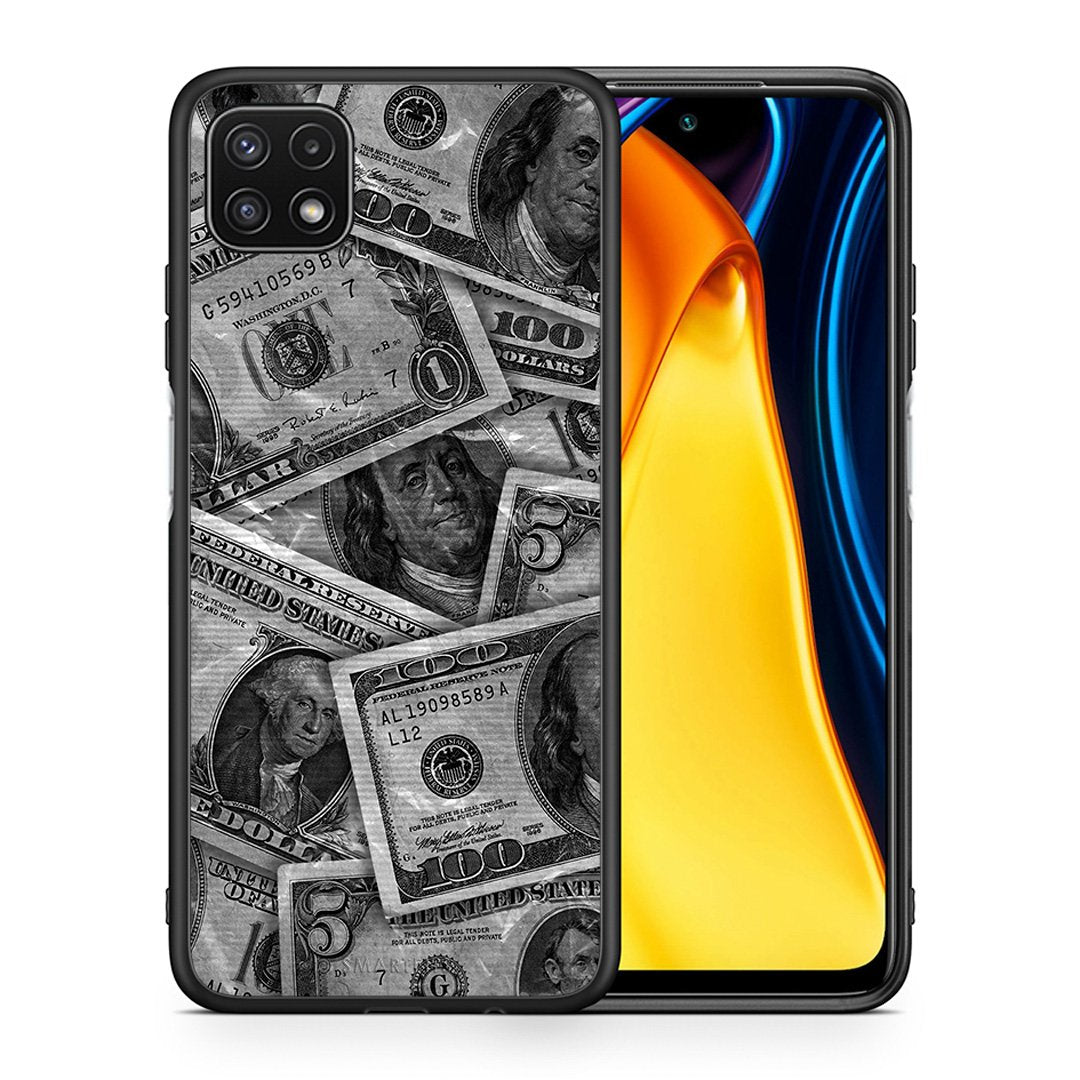 Θήκη Samsung A22 5G Money Dollars από τη Smartfits με σχέδιο στο πίσω μέρος και μαύρο περίβλημα | Samsung A22 5G Money Dollars case with colorful back and black bezels