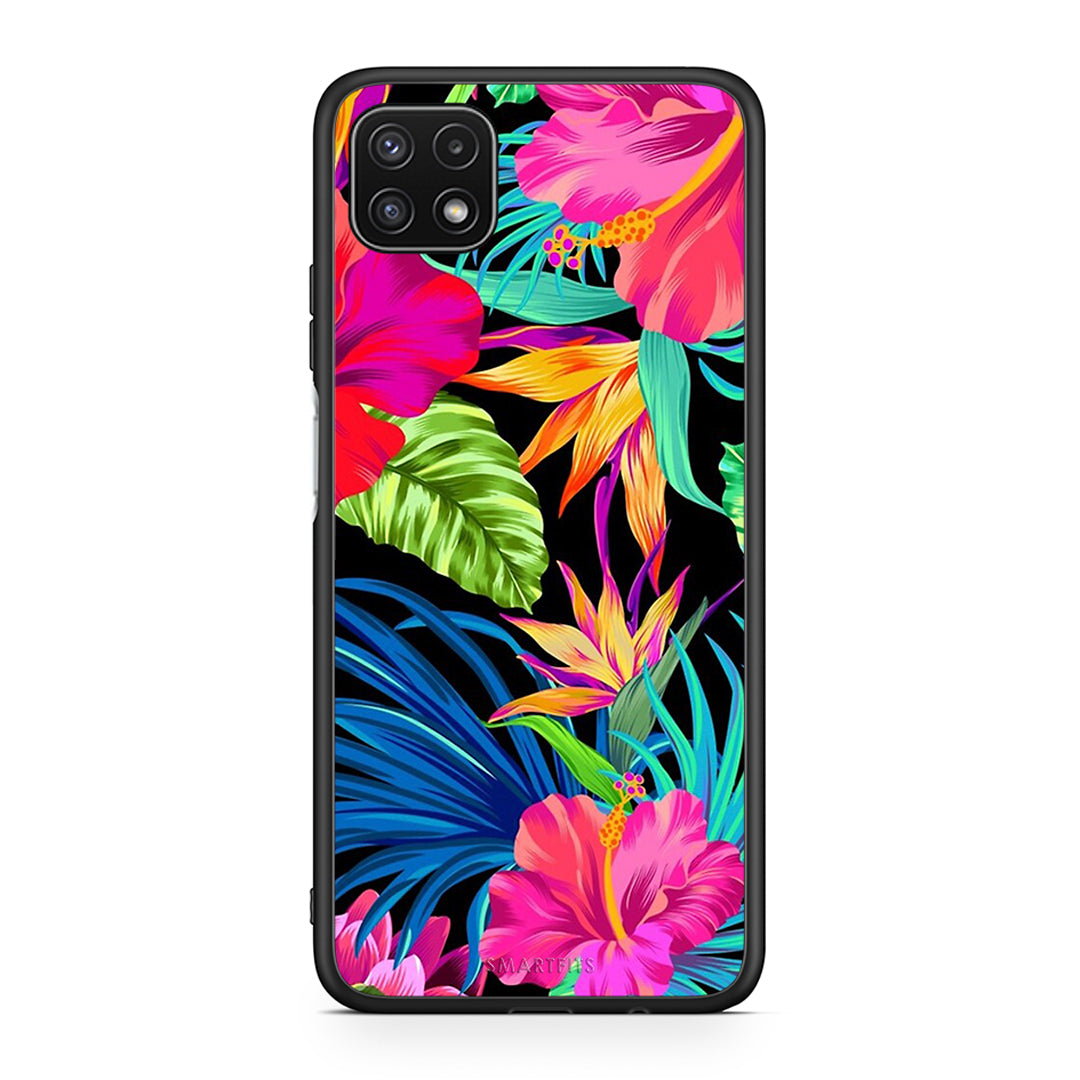 Samsung A22 5G Tropical Flowers θήκη από τη Smartfits με σχέδιο στο πίσω μέρος και μαύρο περίβλημα | Smartphone case with colorful back and black bezels by Smartfits