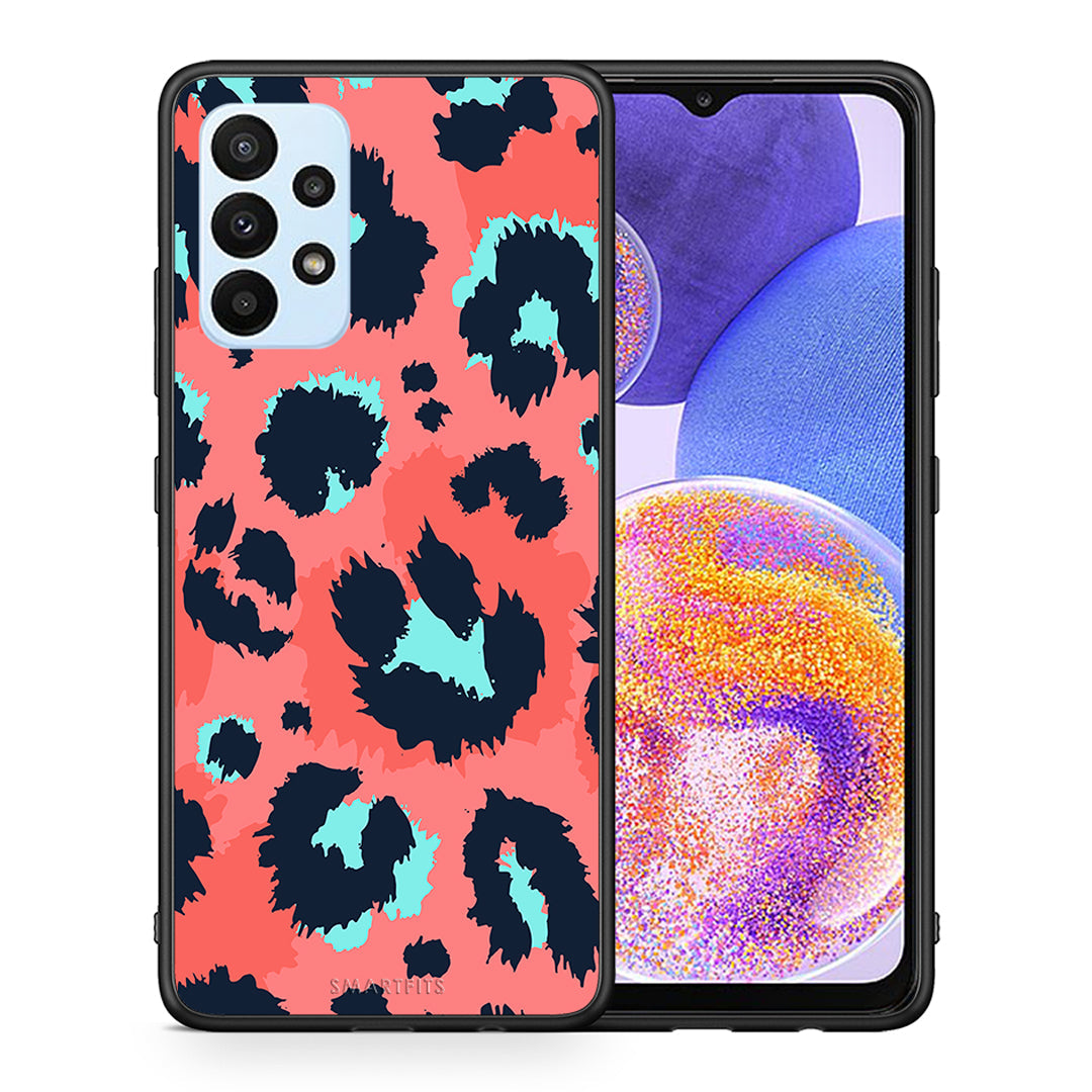 Θήκη Samsung A23 Pink Leopard Animal από τη Smartfits με σχέδιο στο πίσω μέρος και μαύρο περίβλημα | Samsung A23 Pink Leopard Animal case with colorful back and black bezels