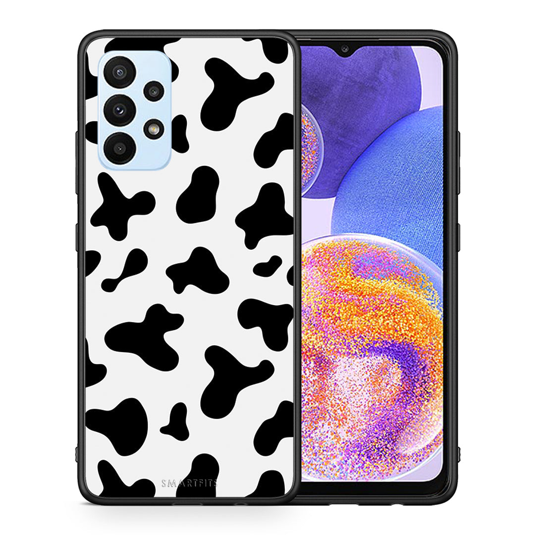 Θήκη Samsung A23 Cow Print από τη Smartfits με σχέδιο στο πίσω μέρος και μαύρο περίβλημα | Samsung A23 Cow Print case with colorful back and black bezels