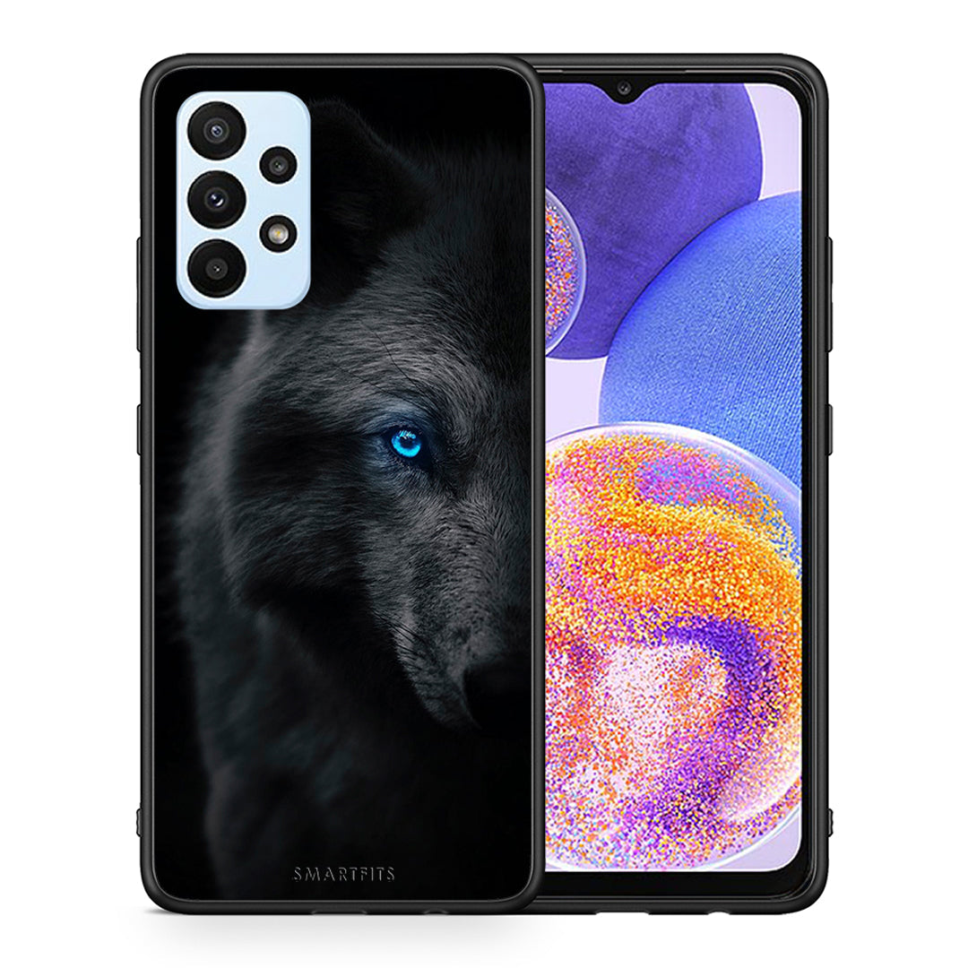 Θήκη Samsung A23 Dark Wolf από τη Smartfits με σχέδιο στο πίσω μέρος και μαύρο περίβλημα | Samsung A23 Dark Wolf case with colorful back and black bezels