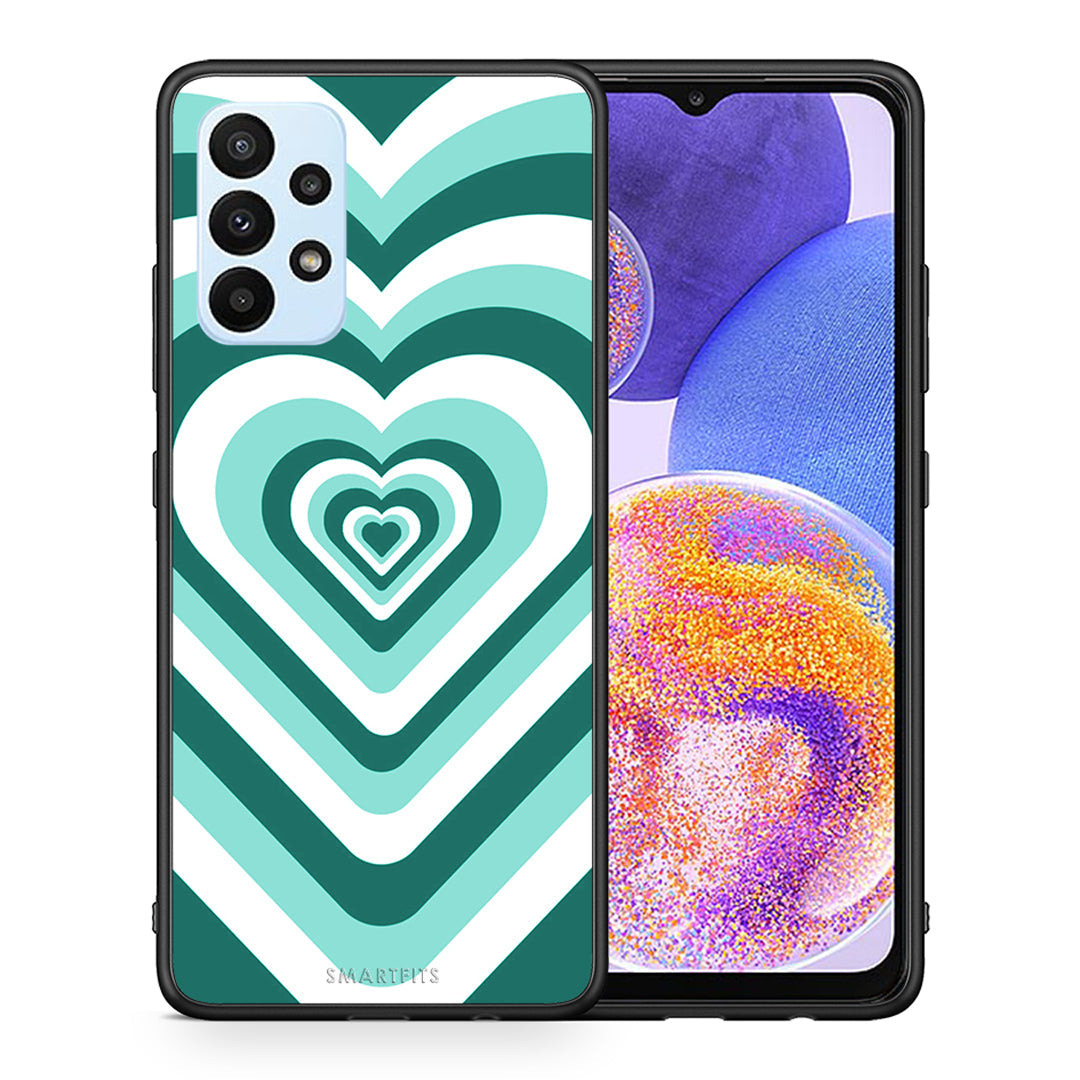 Θήκη Samsung A23 Green Hearts από τη Smartfits με σχέδιο στο πίσω μέρος και μαύρο περίβλημα | Samsung A23 Green Hearts case with colorful back and black bezels