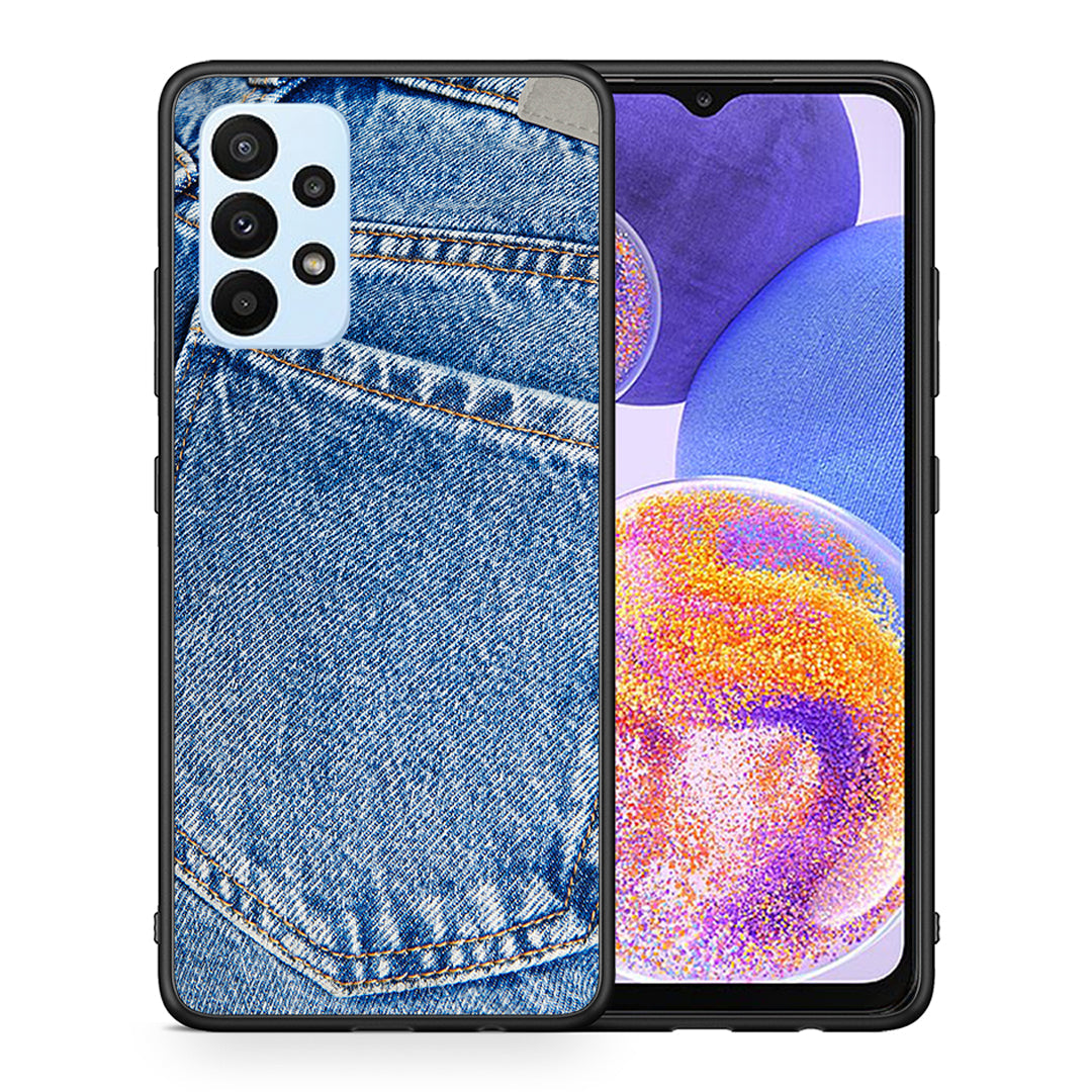 Θήκη Samsung A23 Jeans Pocket από τη Smartfits με σχέδιο στο πίσω μέρος και μαύρο περίβλημα | Samsung A23 Jeans Pocket case with colorful back and black bezels