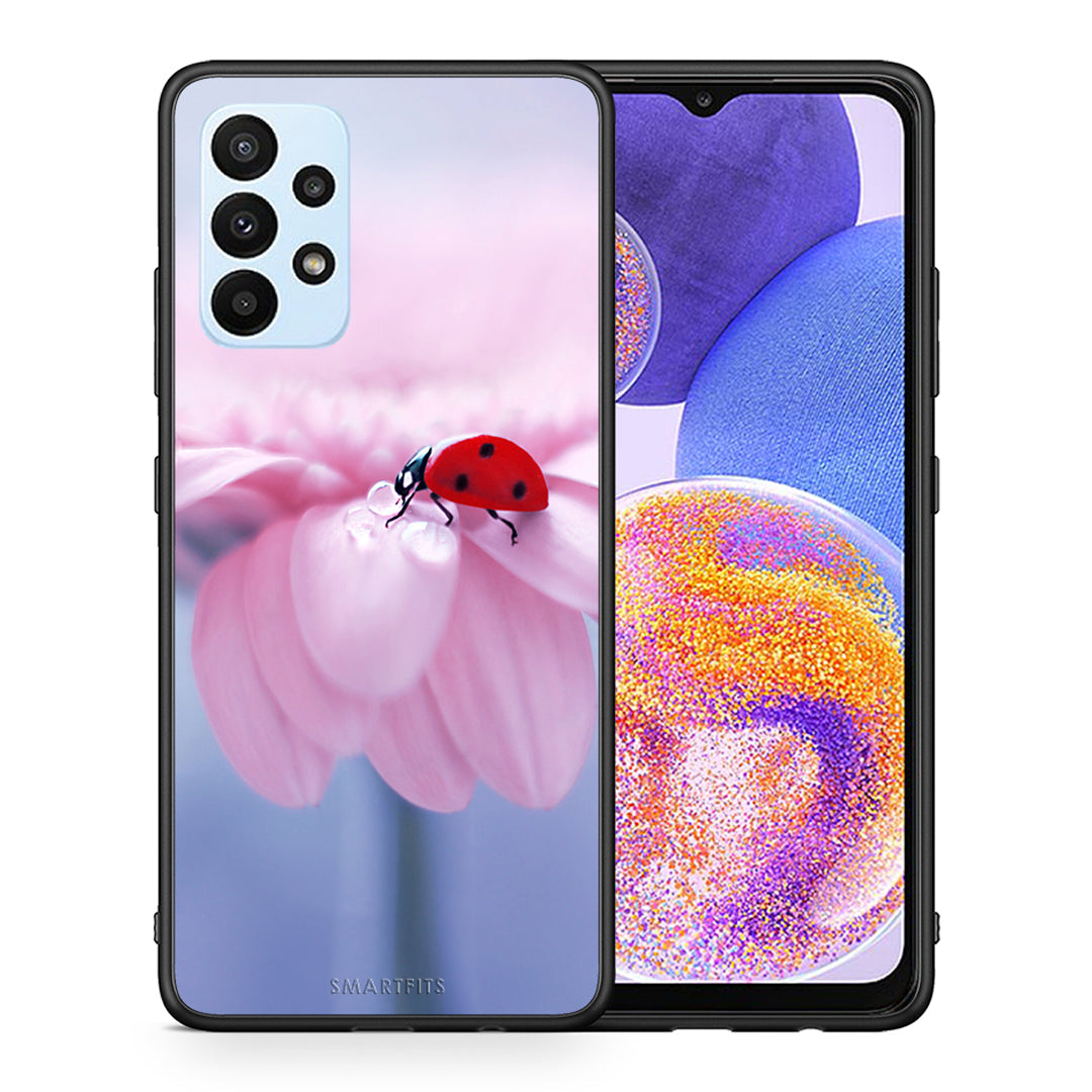 Θήκη Samsung A23 Ladybug Flower από τη Smartfits με σχέδιο στο πίσω μέρος και μαύρο περίβλημα | Samsung A23 Ladybug Flower case with colorful back and black bezels