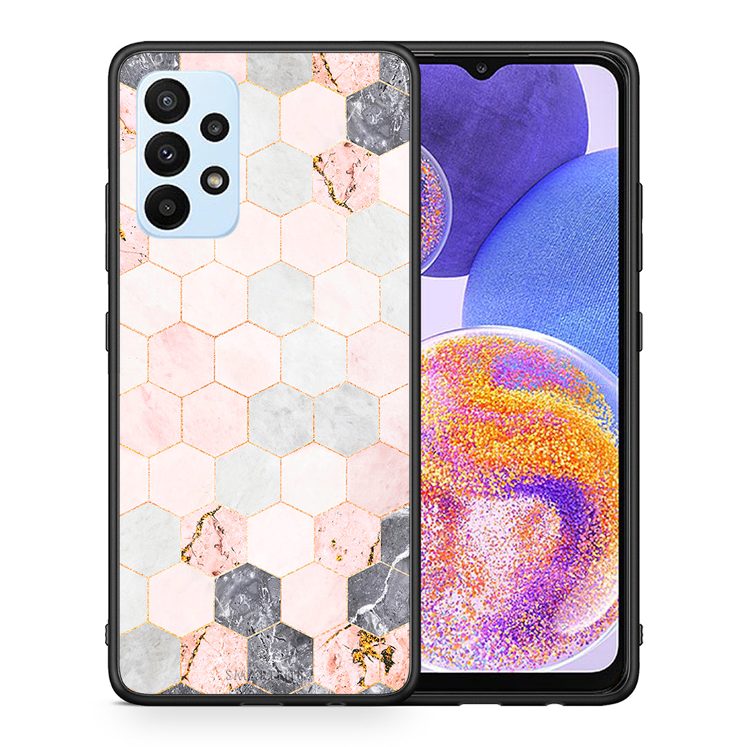 Θήκη Samsung A23 Hexagon Pink Marble από τη Smartfits με σχέδιο στο πίσω μέρος και μαύρο περίβλημα | Samsung A23 Hexagon Pink Marble case with colorful back and black bezels