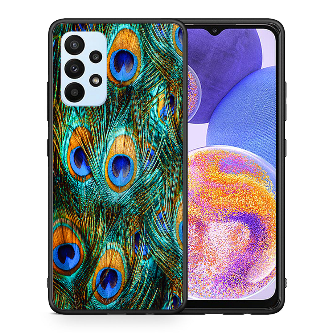 Θήκη Samsung A23 Real Peacock Feathers από τη Smartfits με σχέδιο στο πίσω μέρος και μαύρο περίβλημα | Samsung A23 Real Peacock Feathers case with colorful back and black bezels