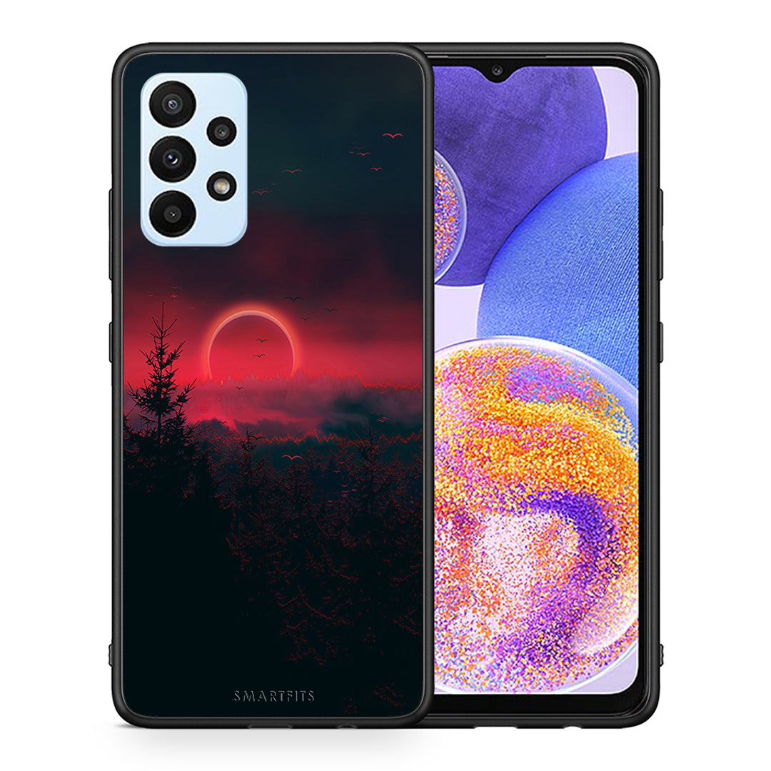 Θήκη Samsung A23 Sunset Tropic από τη Smartfits με σχέδιο στο πίσω μέρος και μαύρο περίβλημα | Samsung A23 Sunset Tropic case with colorful back and black bezels