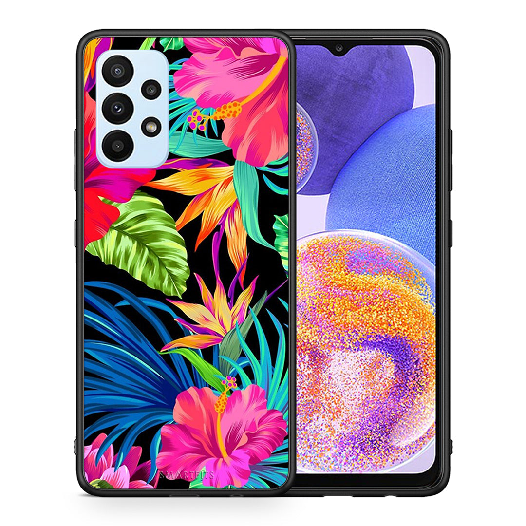 Θήκη Samsung A23 Tropical Flowers από τη Smartfits με σχέδιο στο πίσω μέρος και μαύρο περίβλημα | Samsung A23 Tropical Flowers case with colorful back and black bezels
