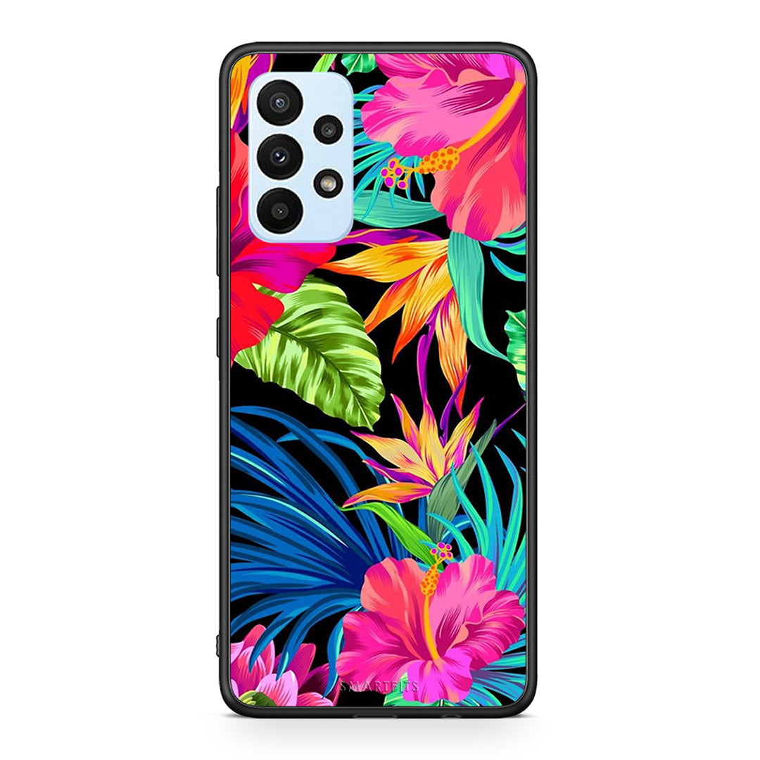 Samsung A23 Tropical Flowers θήκη από τη Smartfits με σχέδιο στο πίσω μέρος και μαύρο περίβλημα | Smartphone case with colorful back and black bezels by Smartfits