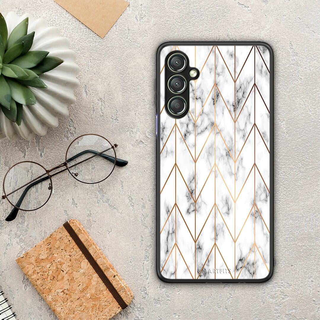 Θήκη Samsung Galaxy A24 4G Marble Gold Geometric από τη Smartfits με σχέδιο στο πίσω μέρος και μαύρο περίβλημα | Samsung Galaxy A24 4G Marble Gold Geometric Case with Colorful Back and Black Bezels