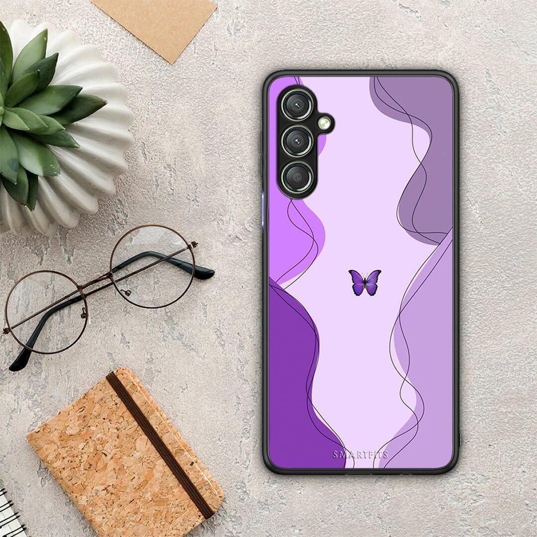 Θήκη Samsung Galaxy A24 4G Purple Mariposa από τη Smartfits με σχέδιο στο πίσω μέρος και μαύρο περίβλημα | Samsung Galaxy A24 4G Purple Mariposa Case with Colorful Back and Black Bezels