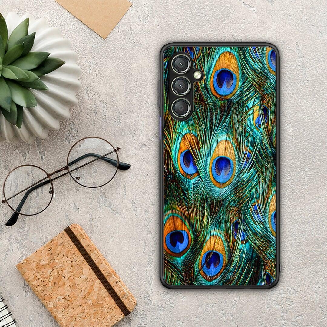 Θήκη Samsung Galaxy A24 4G Real Peacock Feathers από τη Smartfits με σχέδιο στο πίσω μέρος και μαύρο περίβλημα | Samsung Galaxy A24 4G Real Peacock Feathers Case with Colorful Back and Black Bezels