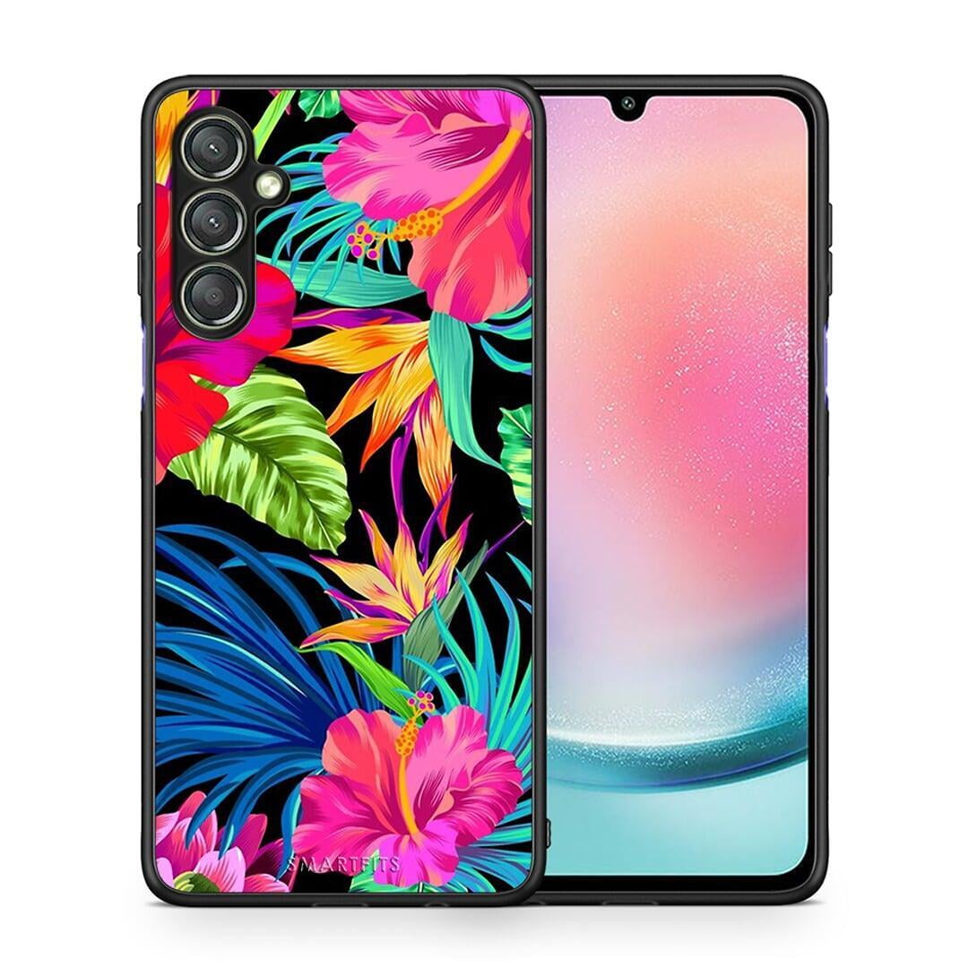 Θήκη Samsung Galaxy A24 4G Tropical Flowers από τη Smartfits με σχέδιο στο πίσω μέρος και μαύρο περίβλημα | Samsung Galaxy A24 4G Tropical Flowers Case with Colorful Back and Black Bezels