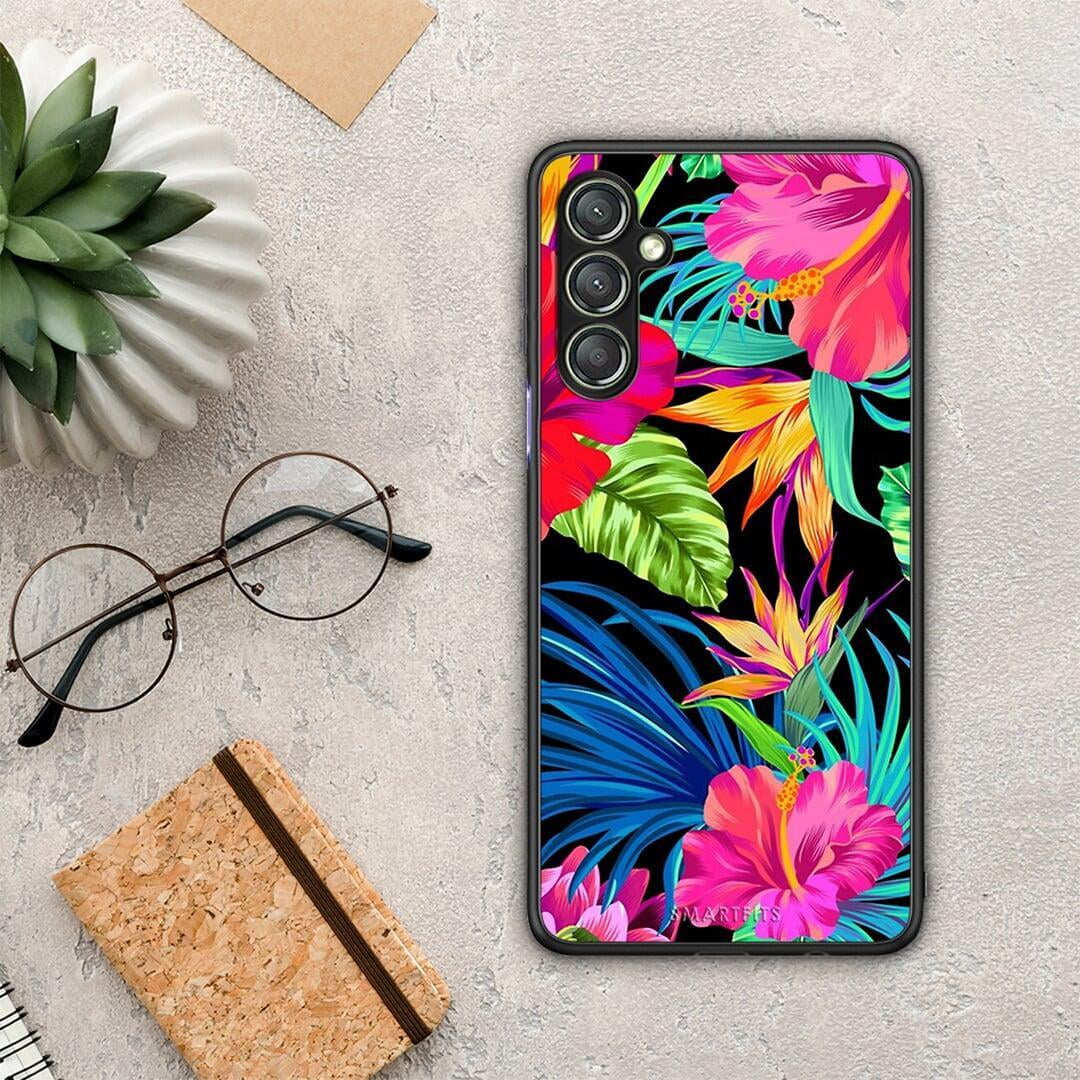 Θήκη Samsung Galaxy A24 4G Tropical Flowers από τη Smartfits με σχέδιο στο πίσω μέρος και μαύρο περίβλημα | Samsung Galaxy A24 4G Tropical Flowers Case with Colorful Back and Black Bezels