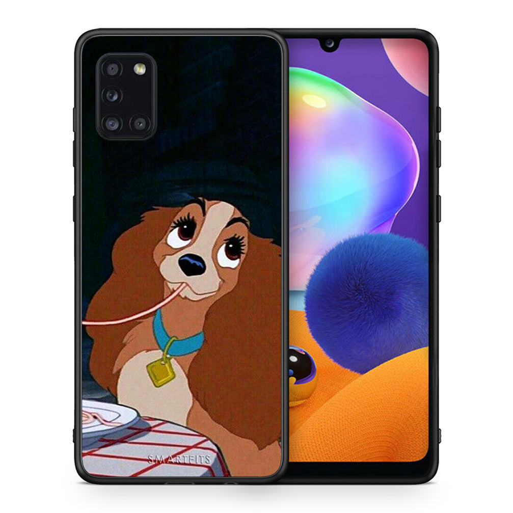 Θήκη Αγίου Βαλεντίνου Samsung Galaxy A31 Lady And Tramp 2 από τη Smartfits με σχέδιο στο πίσω μέρος και μαύρο περίβλημα | Samsung Galaxy A31 Lady And Tramp 2 case with colorful back and black bezels