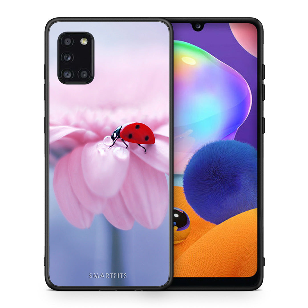 Θήκη Samsung Galaxy A31 Ladybug Flower από τη Smartfits με σχέδιο στο πίσω μέρος και μαύρο περίβλημα | Samsung Galaxy A31 Ladybug Flower case with colorful back and black bezels