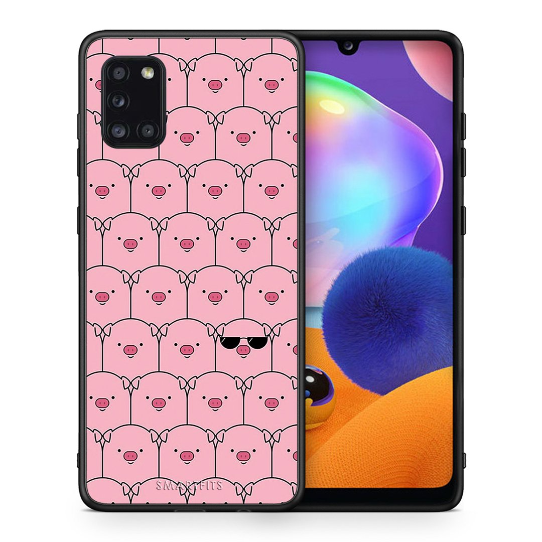 Θήκη Samsung Galaxy A31 Pig Glasses από τη Smartfits με σχέδιο στο πίσω μέρος και μαύρο περίβλημα | Samsung Galaxy A31 Pig Glasses case with colorful back and black bezels