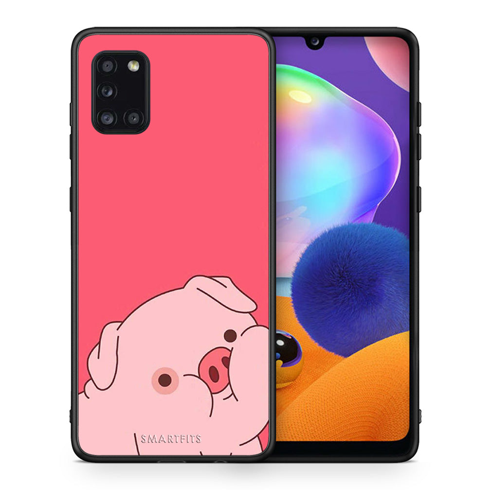 Θήκη Αγίου Βαλεντίνου Samsung Galaxy A31 Pig Love 1 από τη Smartfits με σχέδιο στο πίσω μέρος και μαύρο περίβλημα | Samsung Galaxy A31 Pig Love 1 case with colorful back and black bezels