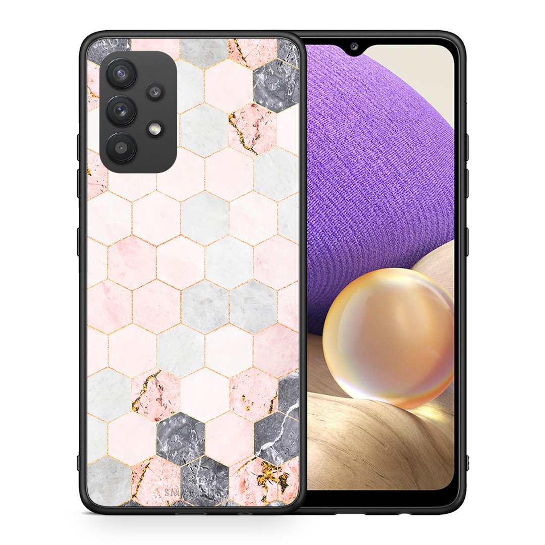 Θήκη Samsung A32 4G Hexagon Pink Marble από τη Smartfits με σχέδιο στο πίσω μέρος και μαύρο περίβλημα | Samsung A32 4G Hexagon Pink Marble case with colorful back and black bezels