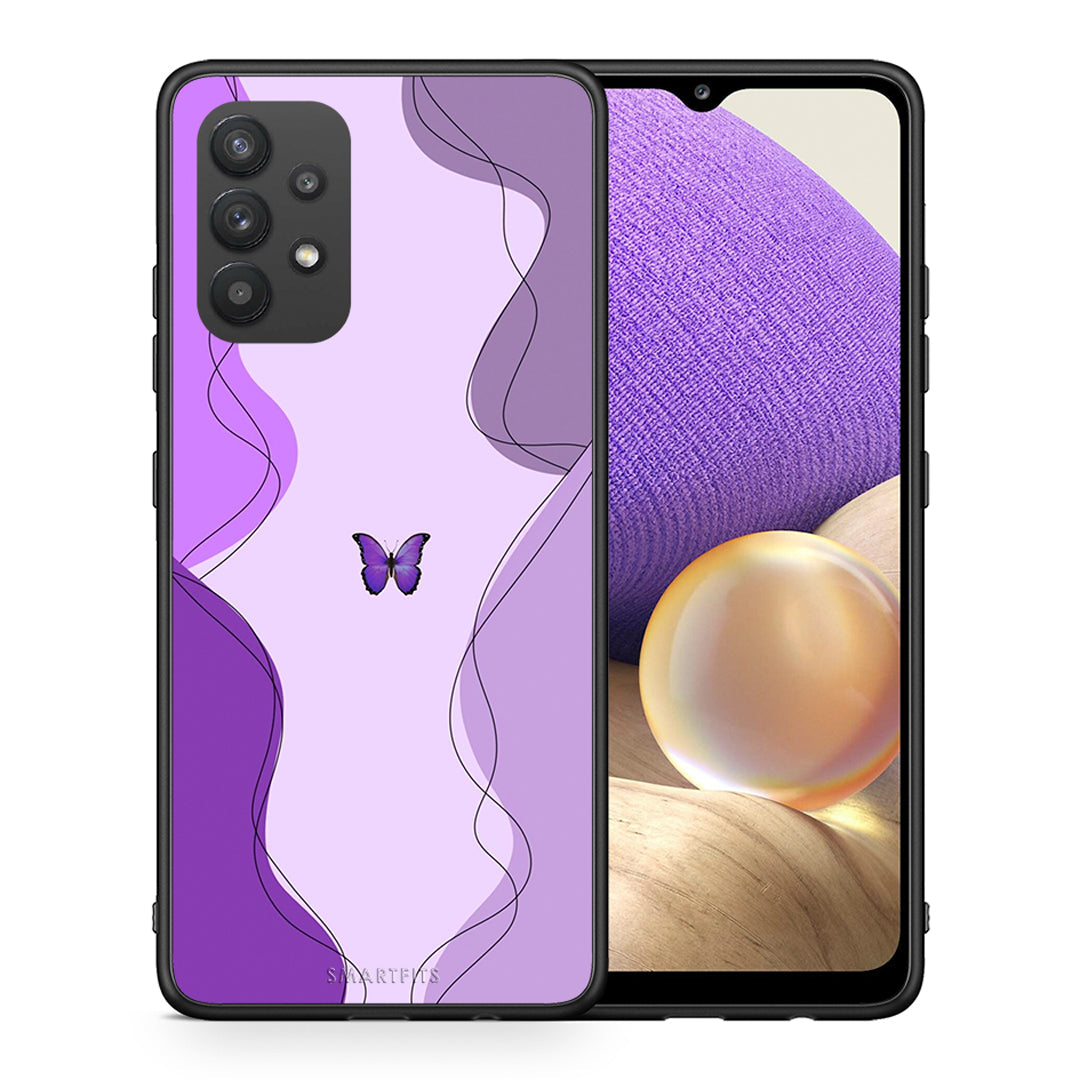 Θήκη Αγίου Βαλεντίνου Samsung A32 4G Purple Mariposa από τη Smartfits με σχέδιο στο πίσω μέρος και μαύρο περίβλημα | Samsung A32 4G Purple Mariposa case with colorful back and black bezels