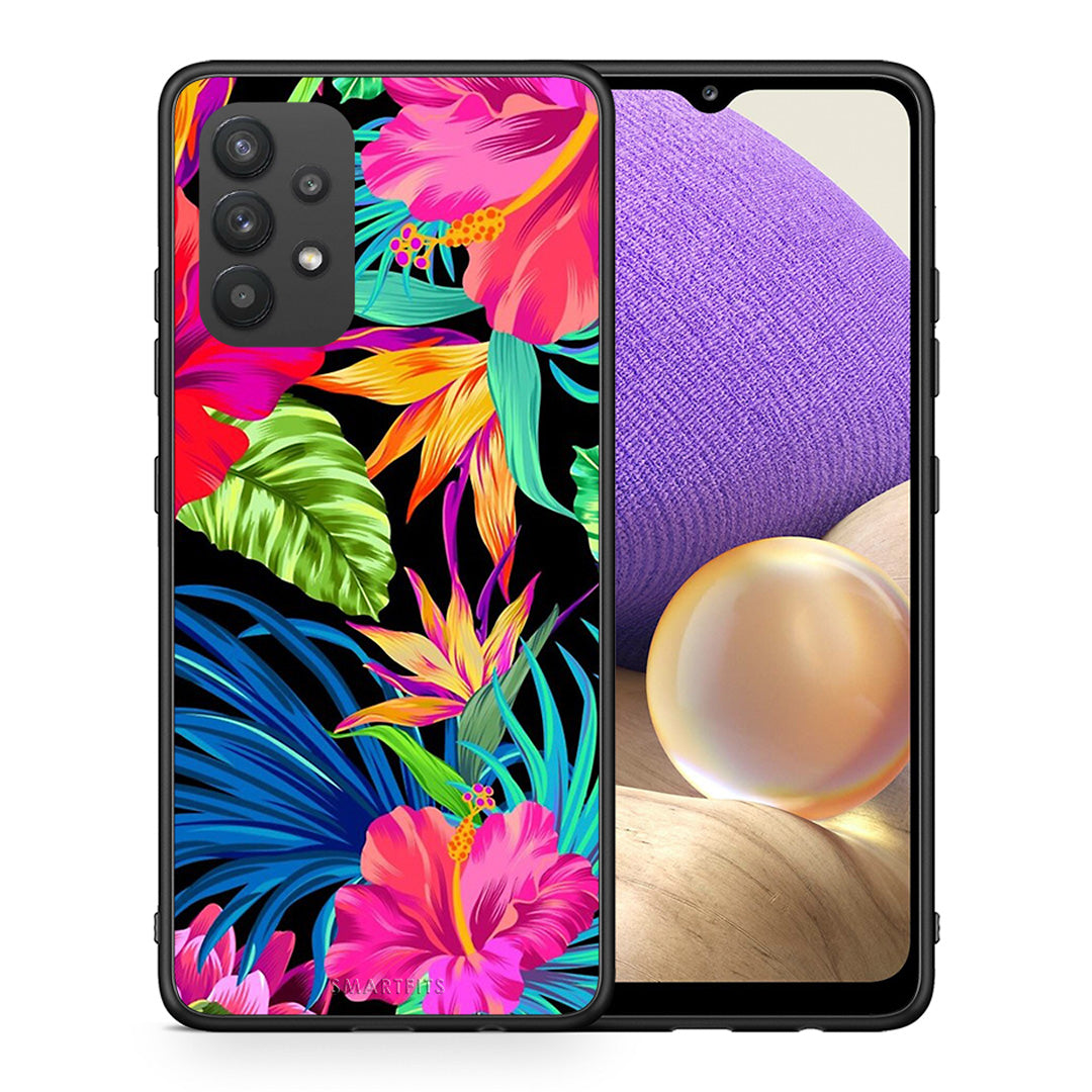 Θήκη Samsung A32 4G Tropical Flowers από τη Smartfits με σχέδιο στο πίσω μέρος και μαύρο περίβλημα | Samsung A32 4G Tropical Flowers case with colorful back and black bezels