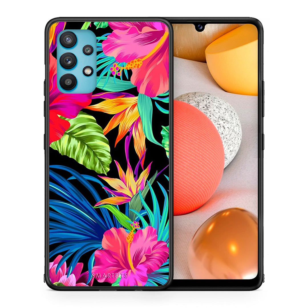 Θήκη Samsung Galaxy A32 5G  Tropical Flowers από τη Smartfits με σχέδιο στο πίσω μέρος και μαύρο περίβλημα | Samsung Galaxy A32 5G  Tropical Flowers case with colorful back and black bezels