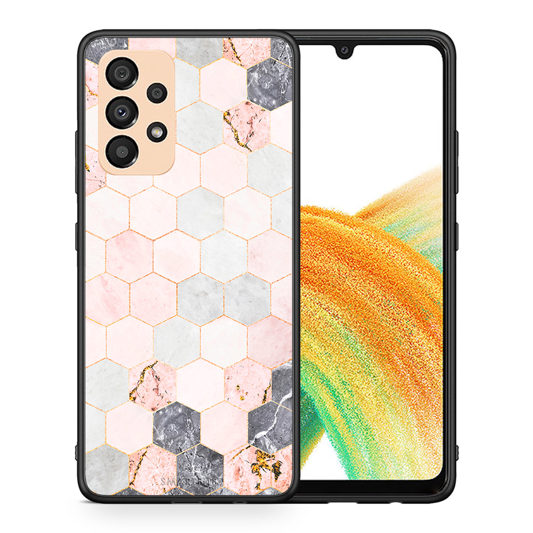 Θήκη Samsung A33 5G Hexagon Pink Marble από τη Smartfits με σχέδιο στο πίσω μέρος και μαύρο περίβλημα | Samsung A33 5G Hexagon Pink Marble case with colorful back and black bezels