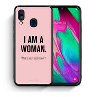Thumbnail for Θήκη Samsung A40 Superpower Woman από τη Smartfits με σχέδιο στο πίσω μέρος και μαύρο περίβλημα | Samsung A40 Superpower Woman case with colorful back and black bezels