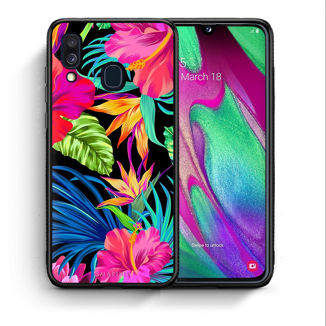 Θήκη Samsung A40 Tropical Flowers από τη Smartfits με σχέδιο στο πίσω μέρος και μαύρο περίβλημα | Samsung A40 Tropical Flowers case with colorful back and black bezels