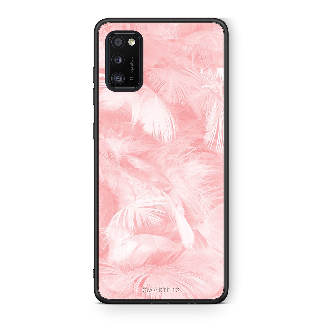 33 - Samsung A41  Pink Feather Boho case, cover, bumper