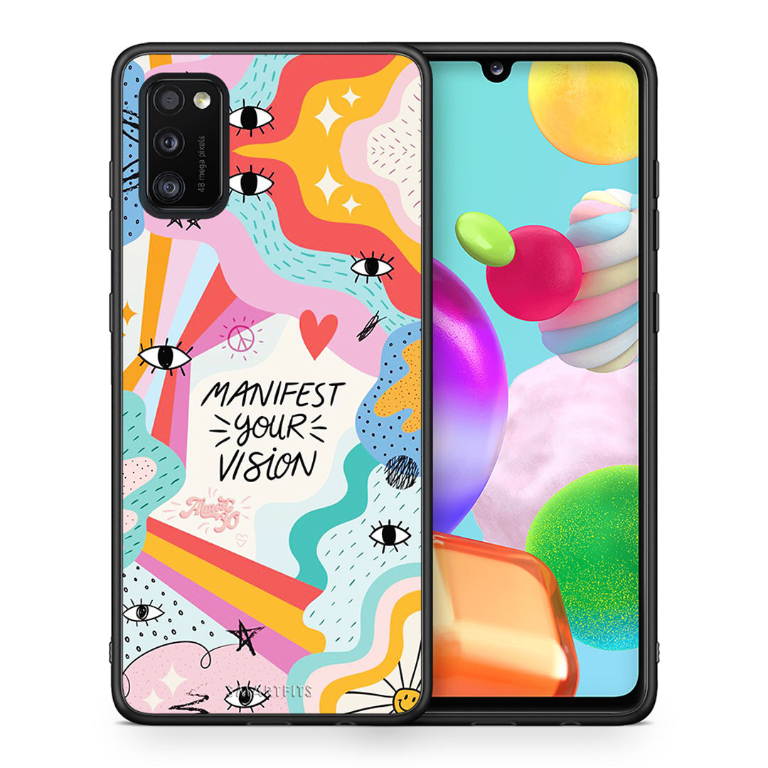 Θήκη Samsung A41 Manifest Your Vision από τη Smartfits με σχέδιο στο πίσω μέρος και μαύρο περίβλημα | Samsung A41 Manifest Your Vision case with colorful back and black bezels