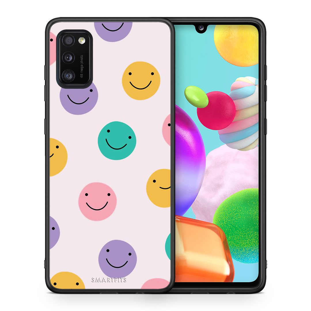 Θήκη Samsung A41 Smiley Faces από τη Smartfits με σχέδιο στο πίσω μέρος και μαύρο περίβλημα | Samsung A41 Smiley Faces case with colorful back and black bezels