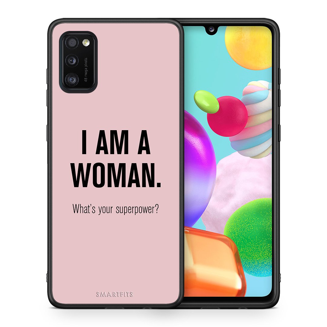 Θήκη Samsung A41 Superpower Woman από τη Smartfits με σχέδιο στο πίσω μέρος και μαύρο περίβλημα | Samsung A41 Superpower Woman case with colorful back and black bezels