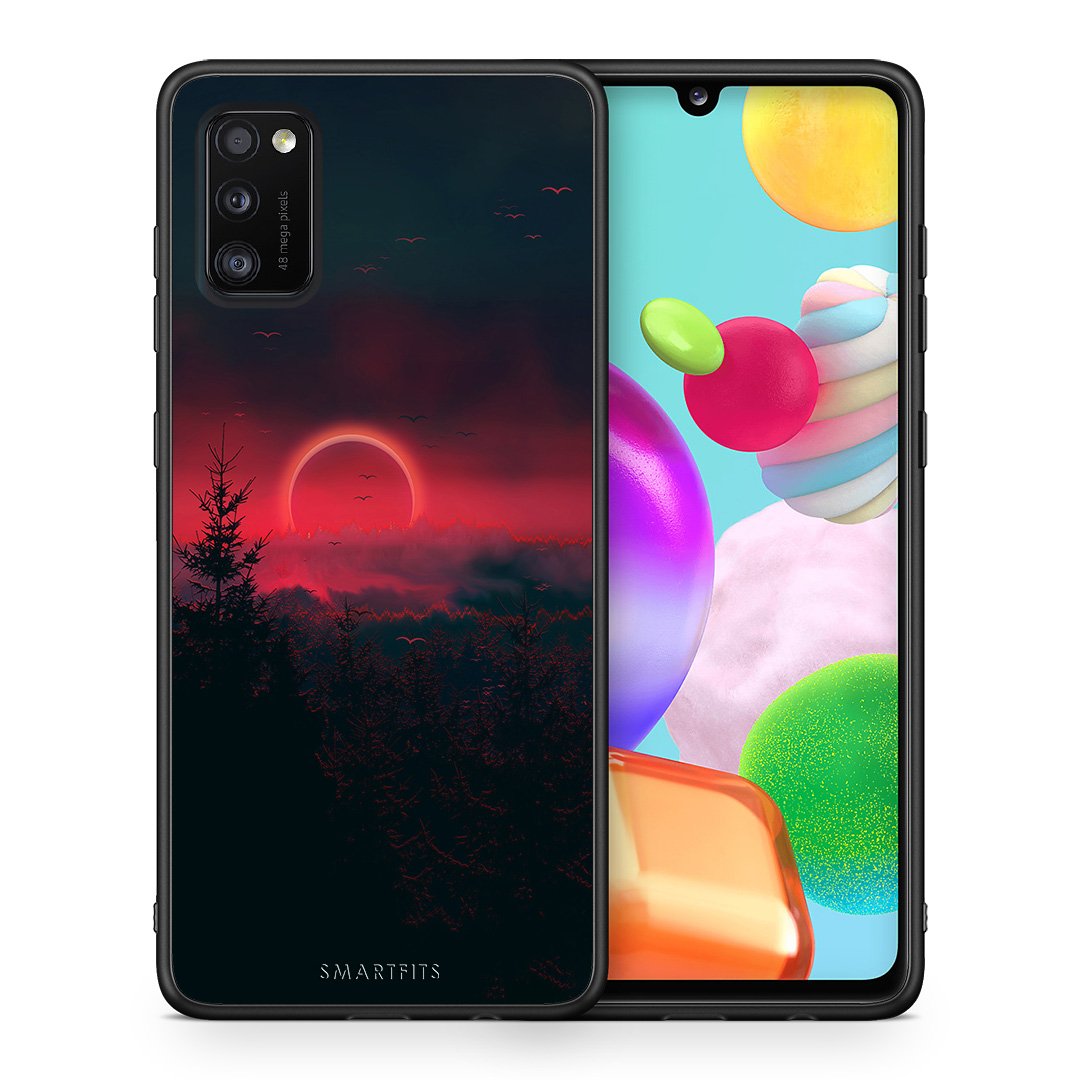 Θήκη Samsung A41 Sunset Tropic από τη Smartfits με σχέδιο στο πίσω μέρος και μαύρο περίβλημα | Samsung A41 Sunset Tropic case with colorful back and black bezels