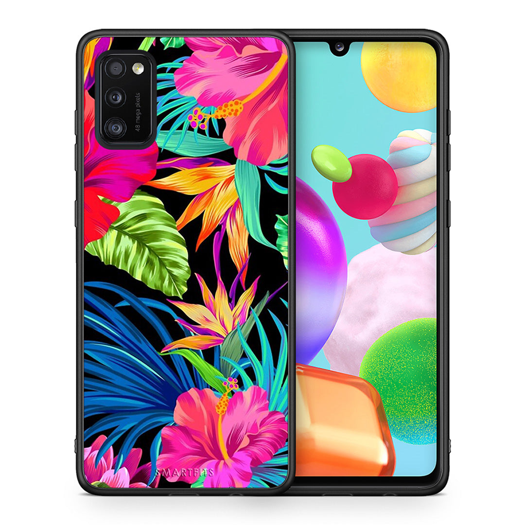 Θήκη Samsung A41 Tropical Flowers από τη Smartfits με σχέδιο στο πίσω μέρος και μαύρο περίβλημα | Samsung A41 Tropical Flowers case with colorful back and black bezels