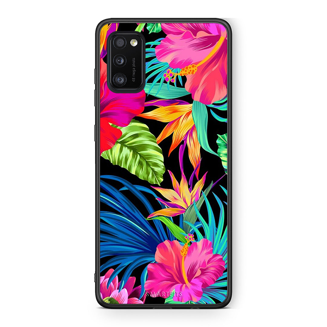 Samsung A41 Tropical Flowers θήκη από τη Smartfits με σχέδιο στο πίσω μέρος και μαύρο περίβλημα | Smartphone case with colorful back and black bezels by Smartfits