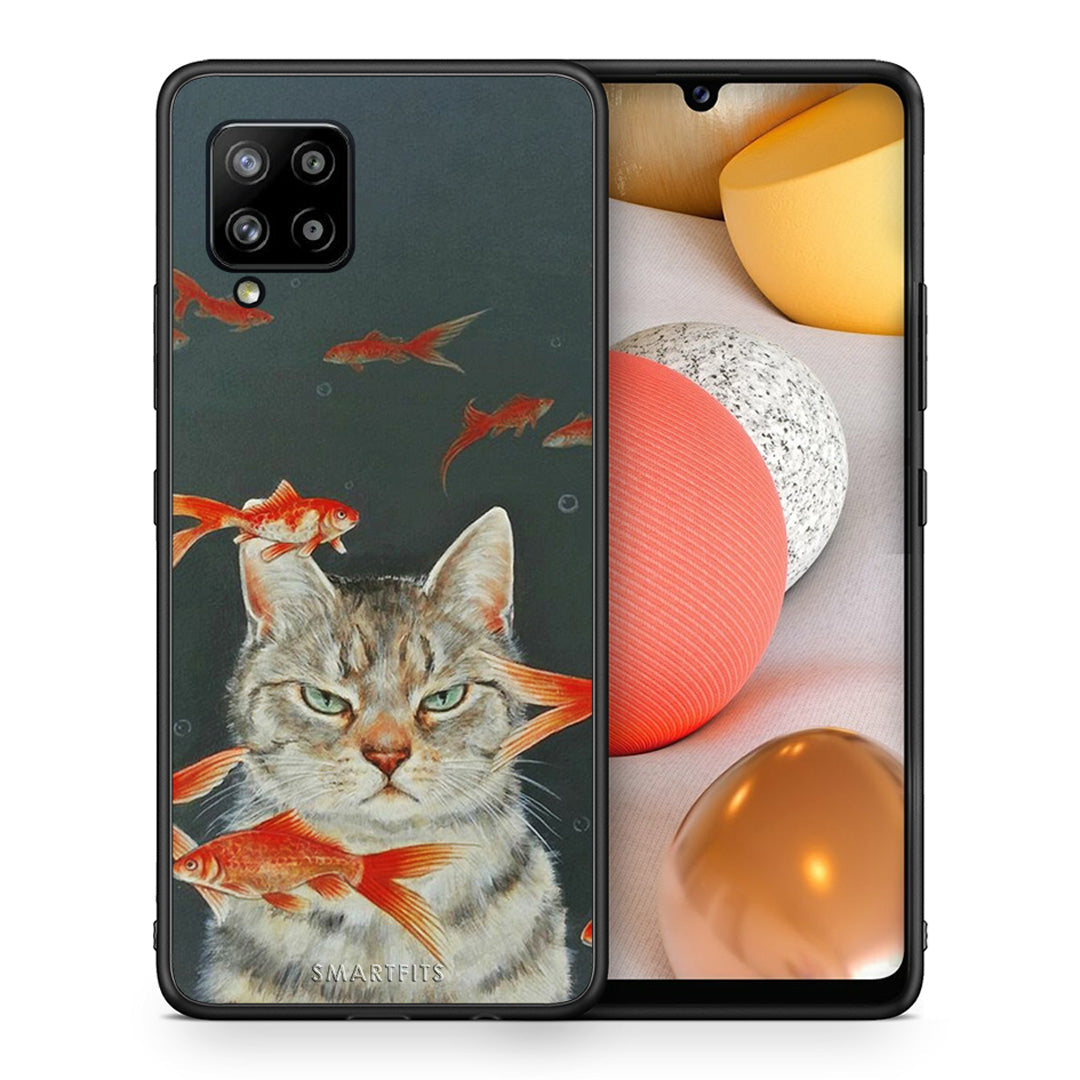 Θήκη Samsung Galaxy A42 Cat Goldfish από τη Smartfits με σχέδιο στο πίσω μέρος και μαύρο περίβλημα | Samsung Galaxy A42 Cat Goldfish case with colorful back and black bezels